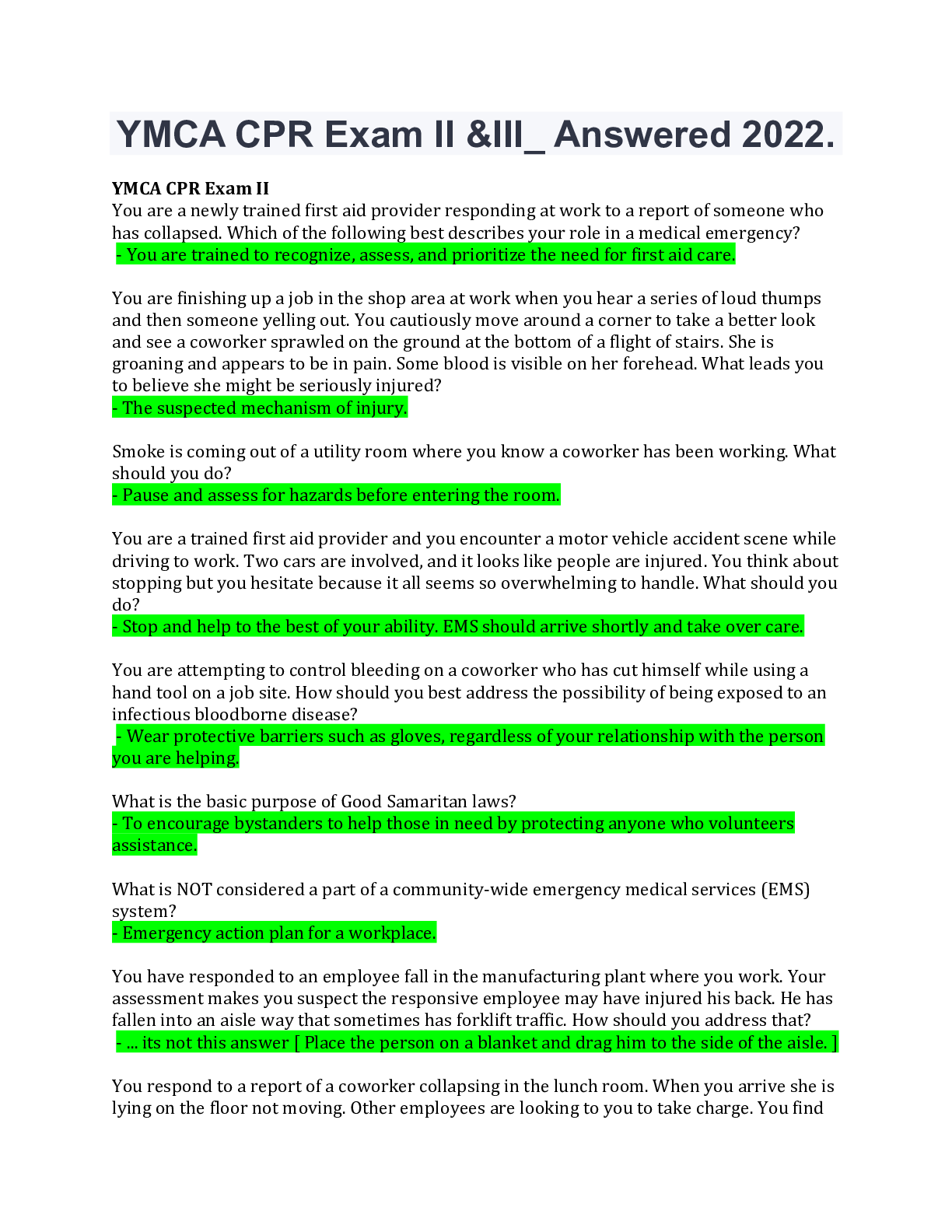 Preview image for Emergency Medicine YMCA CPR Exams II & III; answered_ .